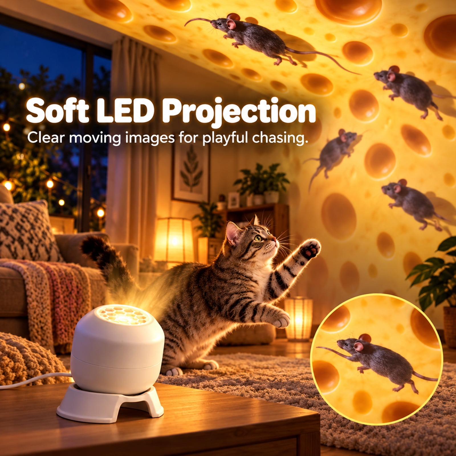 Cat Mouse Christmas Projector Light Adjustable USB Enrichment Toy with ...