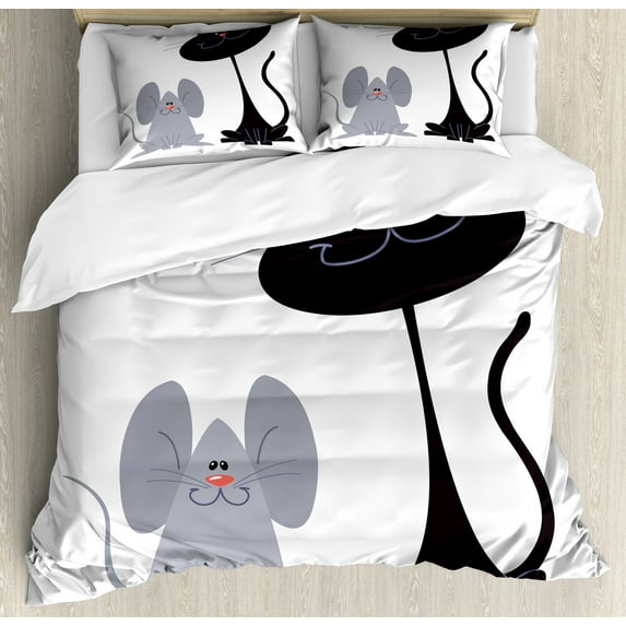 Cat and Mouse Duvet Cover Set, Funny Cartoon Characters with Big Ears and Face Staring, Decorative 3 Piece Bedding Set with 2 Pillow Shams, Calking Size, Dark Grey and Pale Purpleblue, by Ambesonne