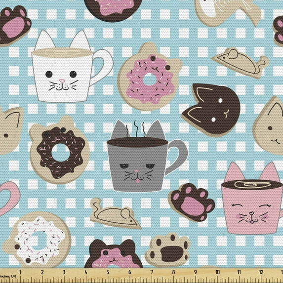 Ambesonne Cat and Mouse Fabric by the Yard Upholstery, Cakes Animal Faces, 3 Yards, Multicolor