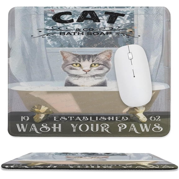 Cat Mouse Pad for Women, Square Non-Slip Rubber Computer Mouse Mat, Desk Mouse Pad for Gaming Office Laptop Home, Bathroom and Bathtub, Wash Your Paws 10x12 inch
