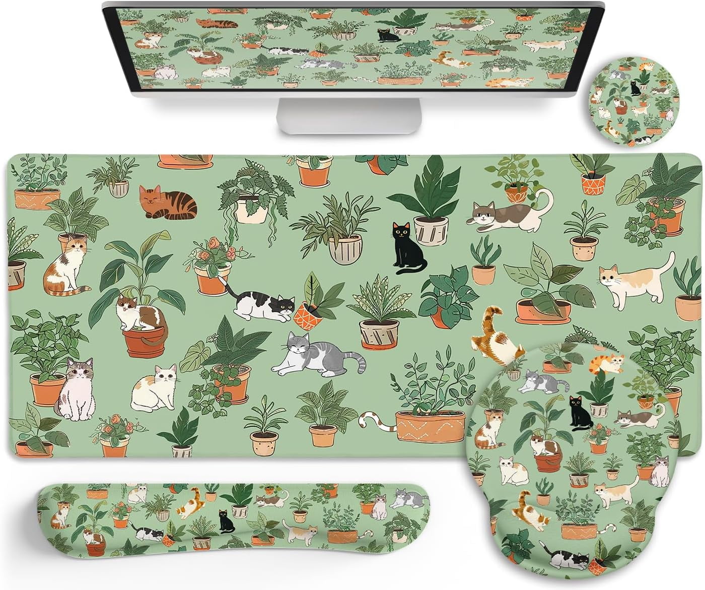 Cat Mouse Pad XXL Desk Mat Set, Green Ergonomic Mouse Pad with Wrist Rest, Large Gaming Mousepad Wrist Support Keyboard Mat Cup Coaster Set Cute Office Desk Decor Accessories