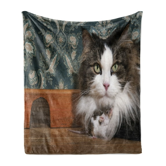 Cat and Mouse Soft Flannel Fleece Throw Blanket, Real Life Photo of Animals Staring with a Vintage Wall on the Background, Cozy Plush for Indoor and Outdoor Use, 50" x 70", Multicolor, by Ambesonne