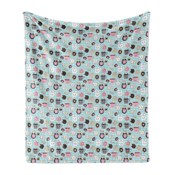 Cat and Mouse Soft Flannel Fleece Throw Blanket, Repetitive Pattern of Kawaii Style Inspired Bakery Cakes and Animal Faces, Cozy Plush for Indoor and Outdoor Use, 70" x 90", Multicolor, by Ambesonne