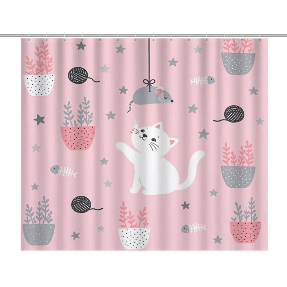Cat Mouse Toy Pattern Print Shower Curtain,Cloth Fabric Waterproof Polyester Bathroom Home Decor Set with Hooks