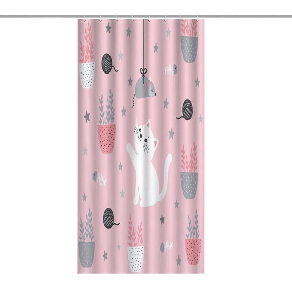 Cat Mouse Toy Pattern Print Shower Curtain,Cloth Fabric Waterproof Polyester Bathroom Home Decor Set with Hooks