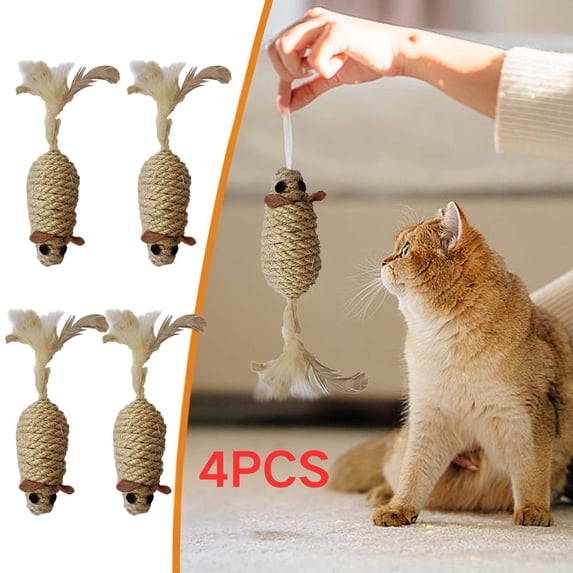 Cat Mouse Toys with Feather, Hunting Cat Toy Set of 4, Interactive Cat Toys for Indoor Cats Kittens Gifts, Funny Cat Toys, Pet Puppies