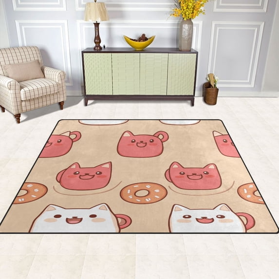Cat Mugs and Donuts 80''x58'' Extra Large Plush Memory Foam Rug, Soft, Absorbent, Non Slip