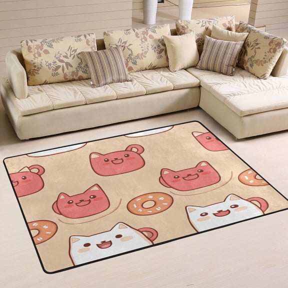 Cat Mugs and Donuts Soft Polyester Area Rug 36''x24'', Non Slip, Memory Foam, Water Absorbent