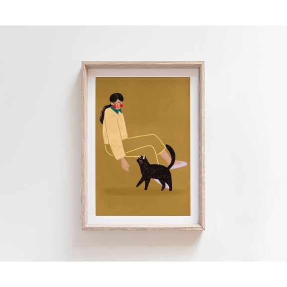 Cat Mum, Colourful Art Print, Girl And Cat, Pet Illustrations, Cat Wall Art Decor Wall Art, Modern Wall Decor, 8x12 UNFRAMED