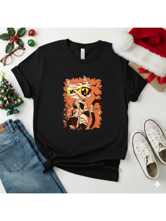 Cat Mummy Funny Halloween Monster Kitten Feline Pet Lover Graphic Unisex T-Shirt V17597, S-5XL