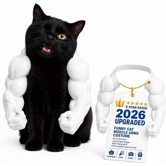 Cat Muscle Arms Funny - 3D Printed Buff Cat Shoulder Outfit with Big Biceps Hands, Lightweight Neck Hanging Pet for Cats & Small Dogs, Spooky Cosplay Photo (Skin, Medium)