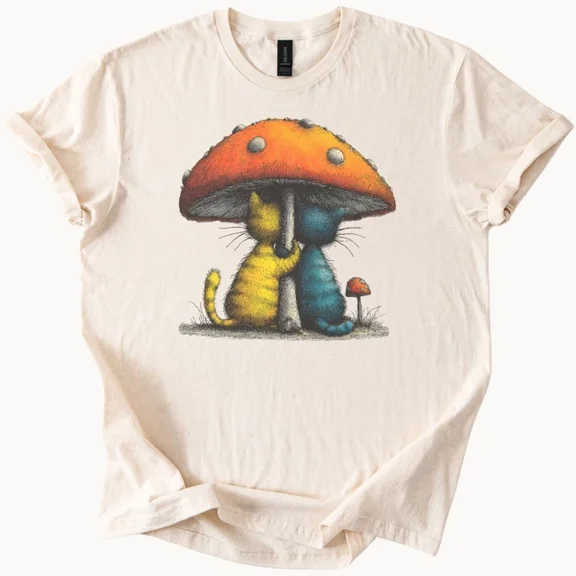 Cat Mushroom Art Shirt Whimsical Cats Under Toadstool Fungi Nature Kitty Tee Size S-5Xl Heygategoo Tee