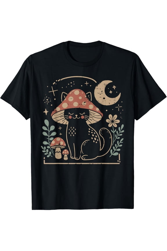 Cat Mushroom Hat Cottagecore Kitten Kitty Women Girls Kids T-Shirt- Classic Unisex 100% Cotton Crew Neck T-Shirt Breathable Casual Everyday Wear Affordable