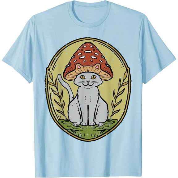 Cat Mushroom Vintage Cottagecore Aesthetic Unisex T-Shirt for Men Women Kids Toddler,Light Blue Color,Size 2T