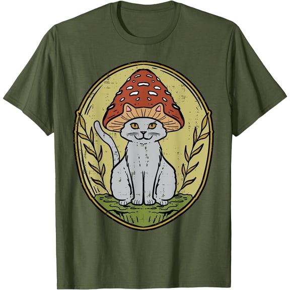 Cat Mushroom Vintage Cottagecore Aesthetic Unisex T-Shirt for Men Women Kids Toddler,Military Green Color,Size YXS