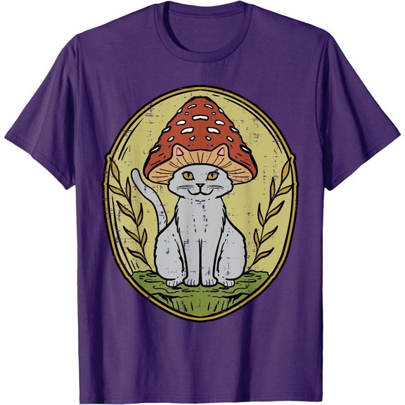 Cat Mushroom Vintage Cottagecore Aesthetic Unisex T-Shirt for Men Women Kids Toddler,Purple Color,Size YM