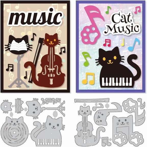 Cat Music Cutting Dies Musical Kitten Card Making Die Stencil Metal Die Cuts Card Scrapbooking Embossing Template Dies for Birthday Greeting Cards Craft Album Invitation Festive Decor Gray DIY