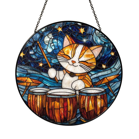 Cat Music Drum Glass Suncatcher Window Decor, Stained Glass Style Panel Art