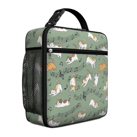 Cat and Music Note Green Pattern Mini Insulated Lunch Bag, Beach Lunch Tote with Side Mesh Pocket & Adjustable Handle, Waterproof Oxford Gifts for Work School Outdoor