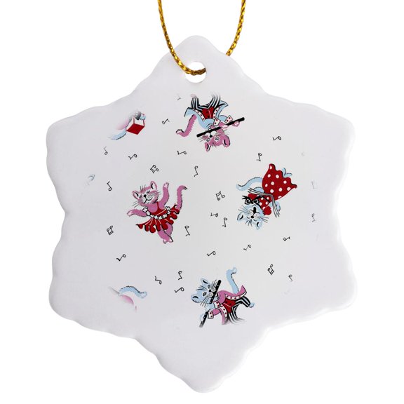3drose, Cat Musicians and Dancers, 3 inch Snowflake Porcelain Ornament