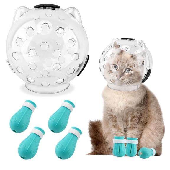 Cat Muzzle and Boots, Breathable Cat Muzzle for Grooming, Adjustable Bubble Muzzle with Silicone Paw Covers, Anti Bite Cat Hood Face Mask for Bathing Shaving Nail Trimming, Cat Owners Essential