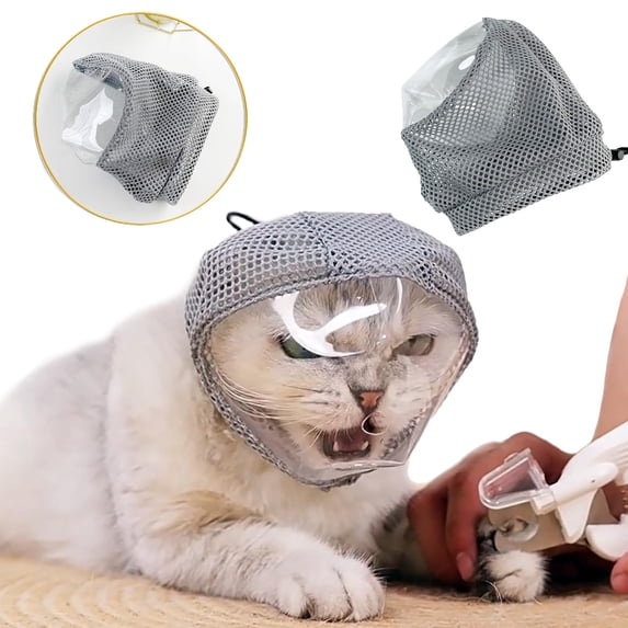 Cat Muzzle for Grooming Breathable Mesh Mask Adjustable Clear View Anti-Biting Head Cover for Cat Nail Trimming Bathing Vet Procedures and Injection Safety Gray
