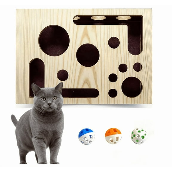 Cat Nail File Enrichment Box Pro - Solid Wood, Widened Hole, Frosted Lining, Smooth & Burr-Free Design, Can be Paired with Bell Ball, Cat Scratch Box Maze Toy, Multi-Cats Interaction (3Pcs Balls)