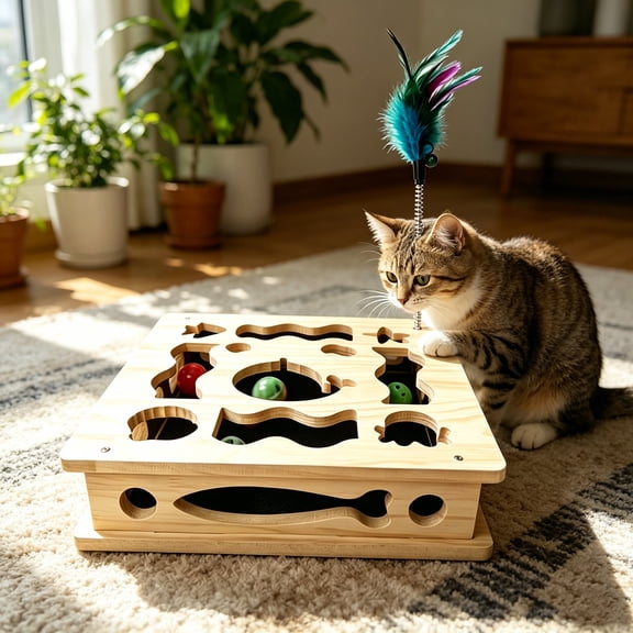 Cat Nail File Enrichment Box, Solid Wood Kitty Maze Puzzle Toy Box, Fun Cats Indoor Scratching for Boxes Game - Stress Free Alternative to Clippers&Grinders for Indoor Cats
