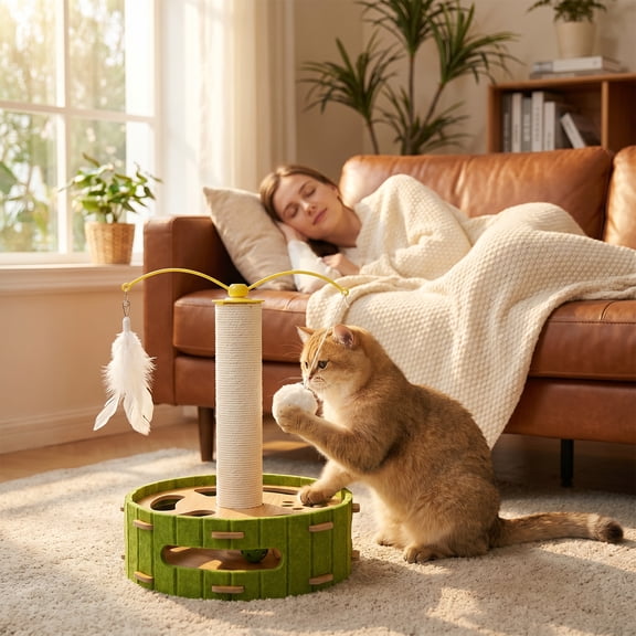Cat Nail File Enrichment Box with Scratching Post Scratcher Base Interactive Cat Scratch Puzzle Box with Rotating Teaser Bell Ball for Indoor Kitten