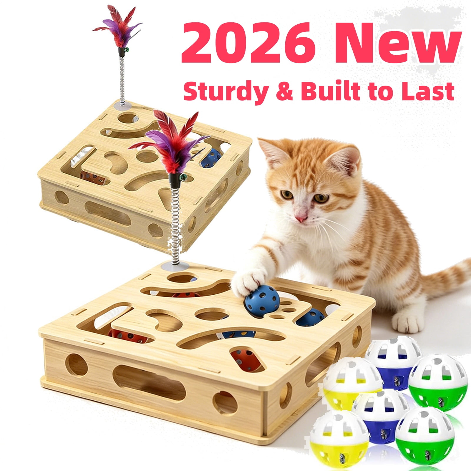 Cat Nail File Scratch Enrichment Box Enrichment Puzzle Toy for Indoor Cats Interactive Cat Scratch Puzzle Enrichment Box Toy with Sandpaper and Bell Ball, Nail File Stress for Cats (2 Balls)