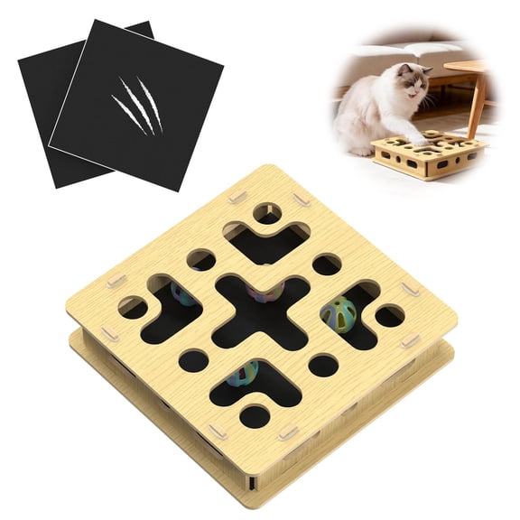 Cat Nail File Scratcher Box with 2 Sandpaper Pads & 4 Bell Balls, Sturdy Wood Cat Nail Scratcher to File Nails, Cat Toy Filer Toy for Treat-Motivated Cats, Included Silicone Security Rings