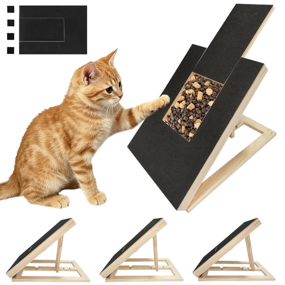 Tilted Vertical Cat Scratching Board with Upward Opening Treat Box, Cat Nail File Scratcher with Ramp,3Adjustable Height Wooden Kitten Scratch Pad with Replaceable Sandpaper for Kittens Small Dogs