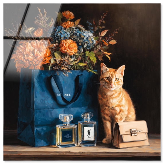 Cat Navy Shopping Bag Acrylic Print Fashion Wall Art by Art Remedy, Ready to Hang, 40 x 40