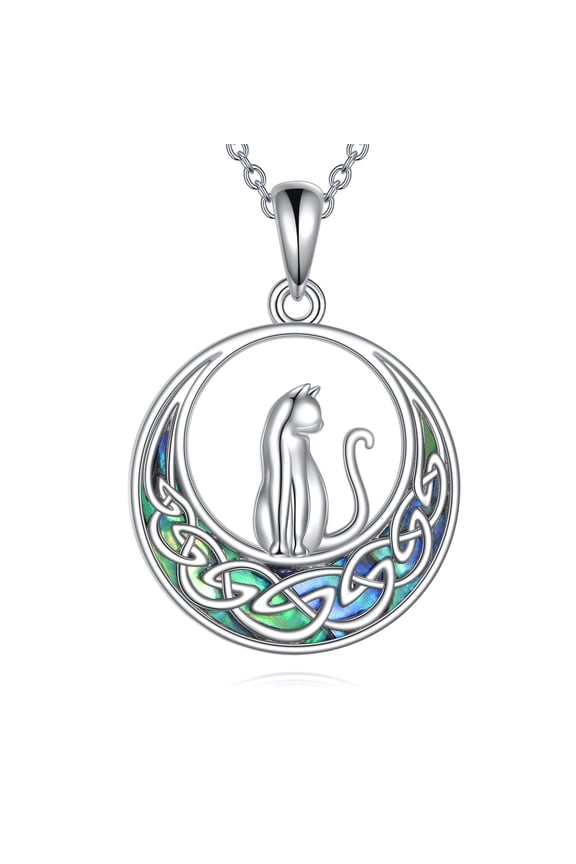 Cat Necklace 925 Sterling Silver Celtic Moon Necklace Cat Pendant Necklace Jewelry Birthday Gifts for Women
