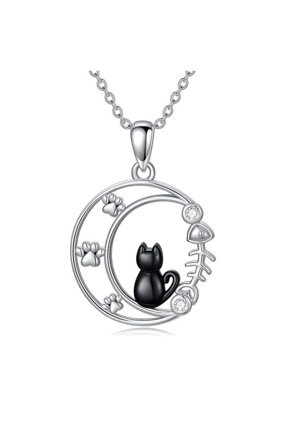 Cat Necklace 925 Sterling Silver Cute Cat Moon Pendant Necklaces Animal Jewelry Birthday Gifts for Women Cat Lovers