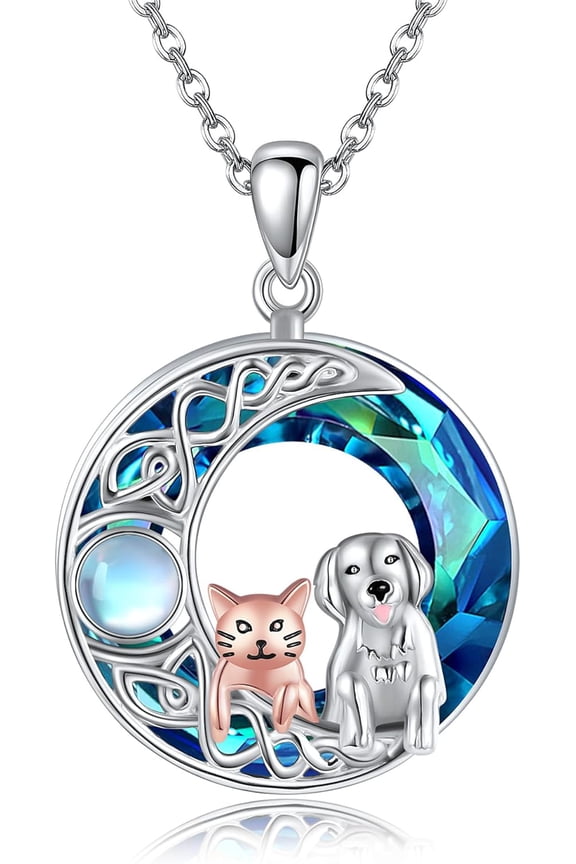 Cat Necklace 925 Sterling Silver Dog Pendant Necklace Celtic Moon Cute Animal Dog Cat Jewelry Gifts for Women Pet Lovers