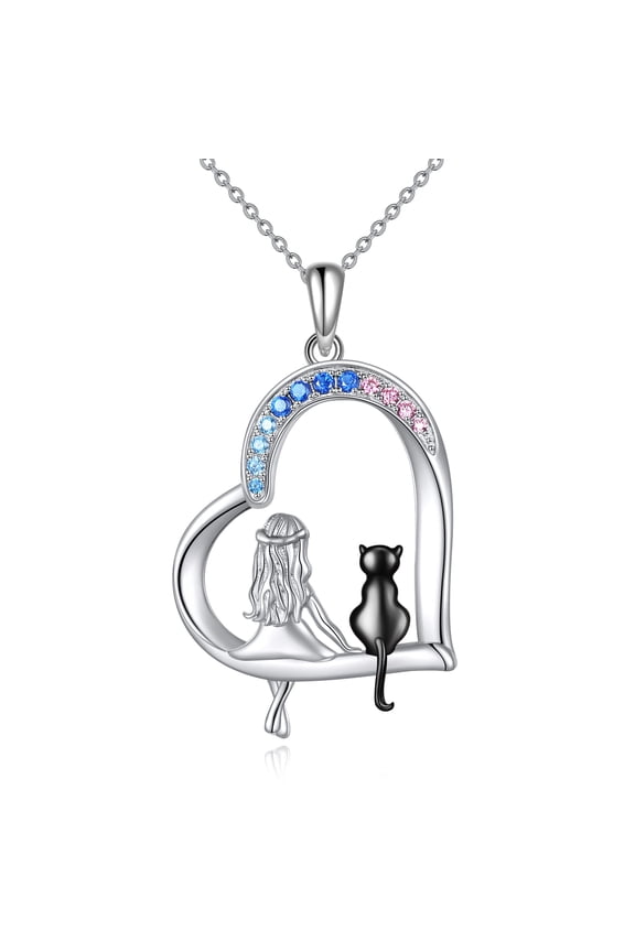 Cat Necklace Gifts 925 Sterling Silver Black Cat Heart Pendant Necklace Jewelry for Women