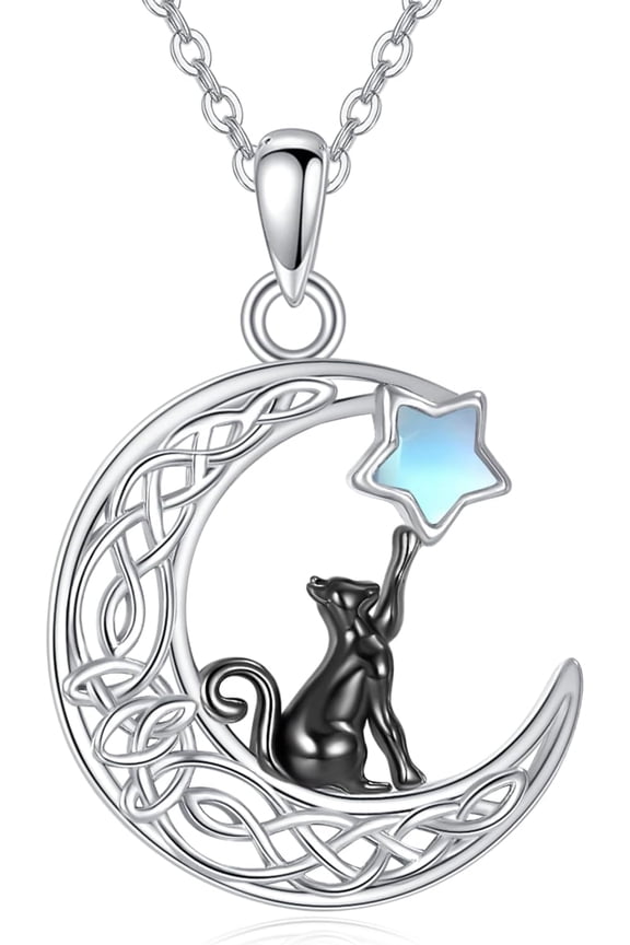 Cat Necklace Sterling Silver Celtic Moon Black Cat Necklace Celtic Moon Pendant Cute Animal Jewelry Gifts for Women