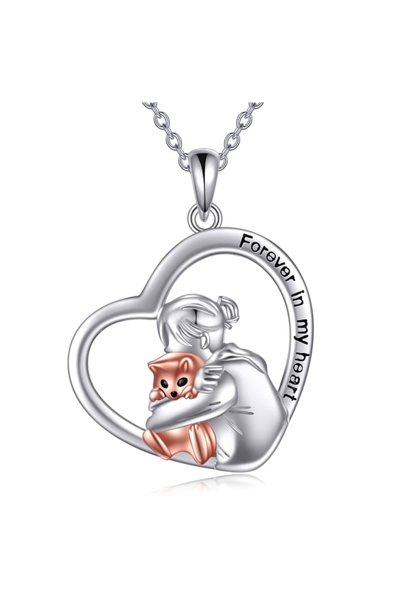 Cat Necklace Sterling Silver Women Hug Cat Animal Heart Pendant for Women (rose gold)