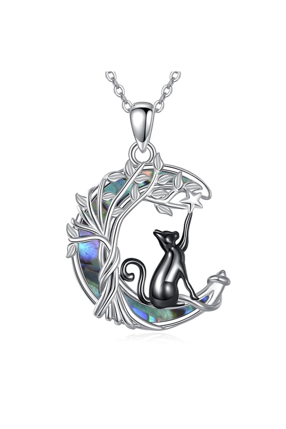 Cat Necklace for Women 925 Sterling Silver Abalone Shell Tree of Life Pendant Animal Jewelry Christmas Birthday Gifts for Daughter, Cat Lover