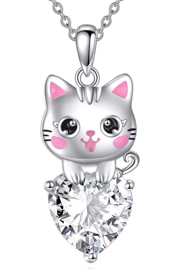 Cat Necklace for Women 925 Sterling Silver April Birthstone Cat Pendant Necklace Jewelry Gift for Women