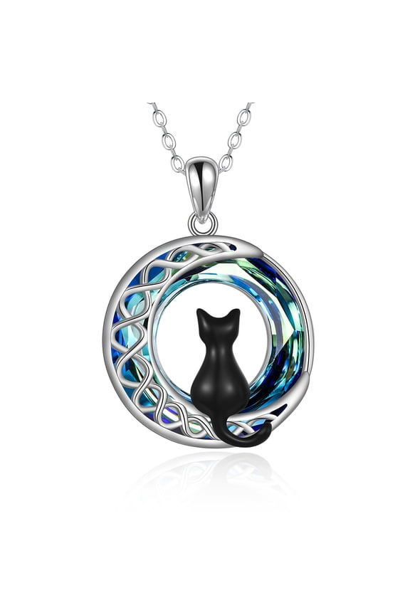Cat Necklace for Women Sterling Silver Crystal Celtic Moon Pendant Irish Jewelry (black cat 1)