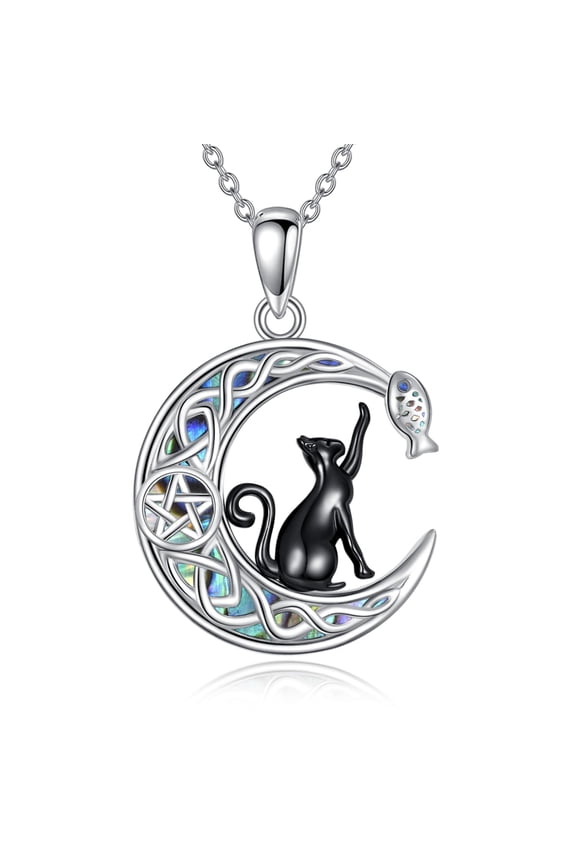 Cat Necklace for Women Sterling Silver Moon Cat Pendant Necklace Celtic Jewelry Kitty Gifts