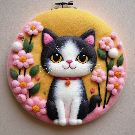 Cat Needle Felting Set, Beginner Felt Painting Set, With Wool Felt Painting Set, Decorative Frame, Suitable for Home Decoration