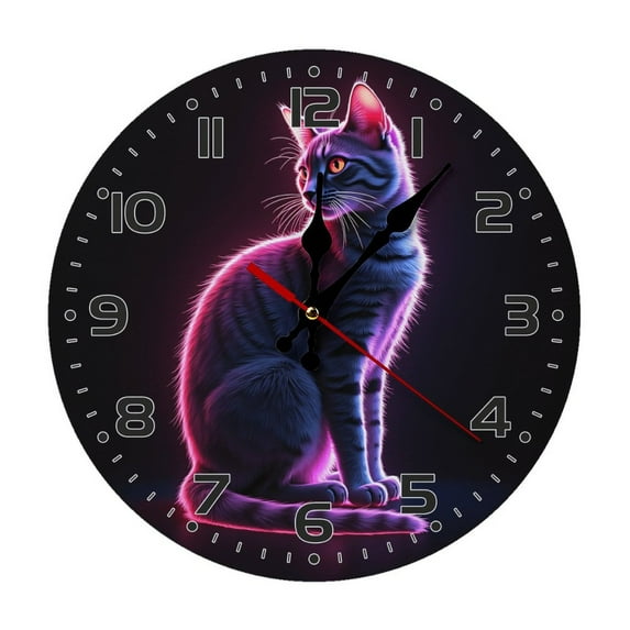 Cat Neon Animal Wall Clock 10 Inch Silent Non Ticking Round Clock Decoration for Living Room Kitchen Bedroom Bathroom Office Classroom