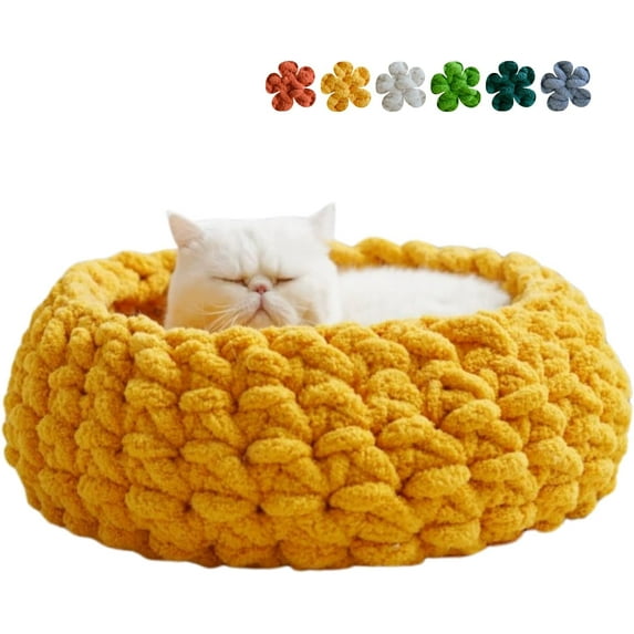 Cat Nest Bed – Premium Handwoven Washable Extra Soft Round Cave House Furniture for Indoor Kitten (Persimmon Yellow,Large)