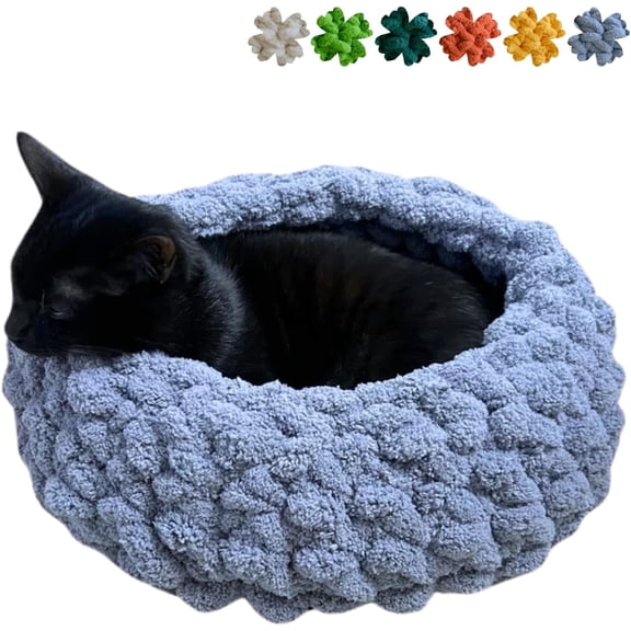 Cat Nest Bed - Premium Self Warming Handwoven Washable Extra Soft Round Cave House for Indoor Kitten & Kitty, Small & Large (Grayish Blue,Large)