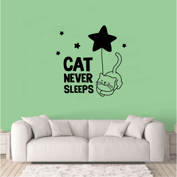 Cat Never Sleeps - Quote Vinyl Wall Decal Wall Art Wall Sticker Decoration Cute Kitty Character Silhouette Vinyl Wall Deor For Kids Room Bedroom Nursery Room For Home Wall Design Size (30x30 inch)