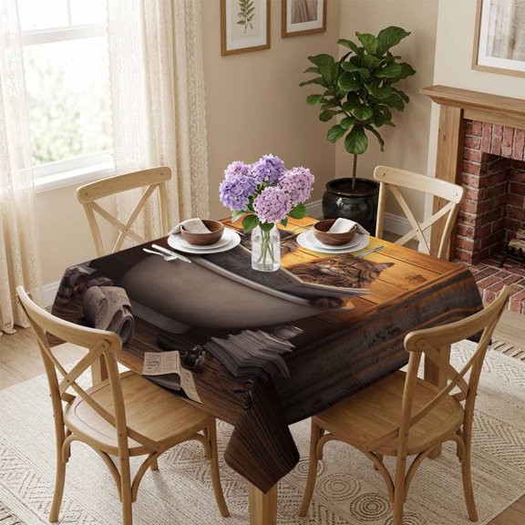 Cat Newspaper Square Tablecloth 54x54 Inch Kitten on Bathtub Waterproof Polyester Tablecloth for Dining Table, Washable Table Cover for Kitchen Dining Room Wedding Decoration,Stain Resistant