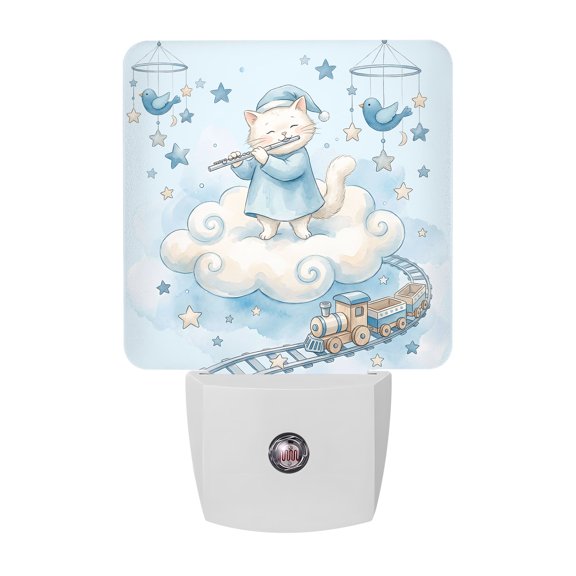 Cat Night Lights, Cartoon Blue Hat Cat Cloud Train Track Bird Toys Blue Smart Auto Dusk to Dawn Sensor Nightlights Plug-in Nightlight for Bedroom Bathroom Living Room Kitchen Hallway